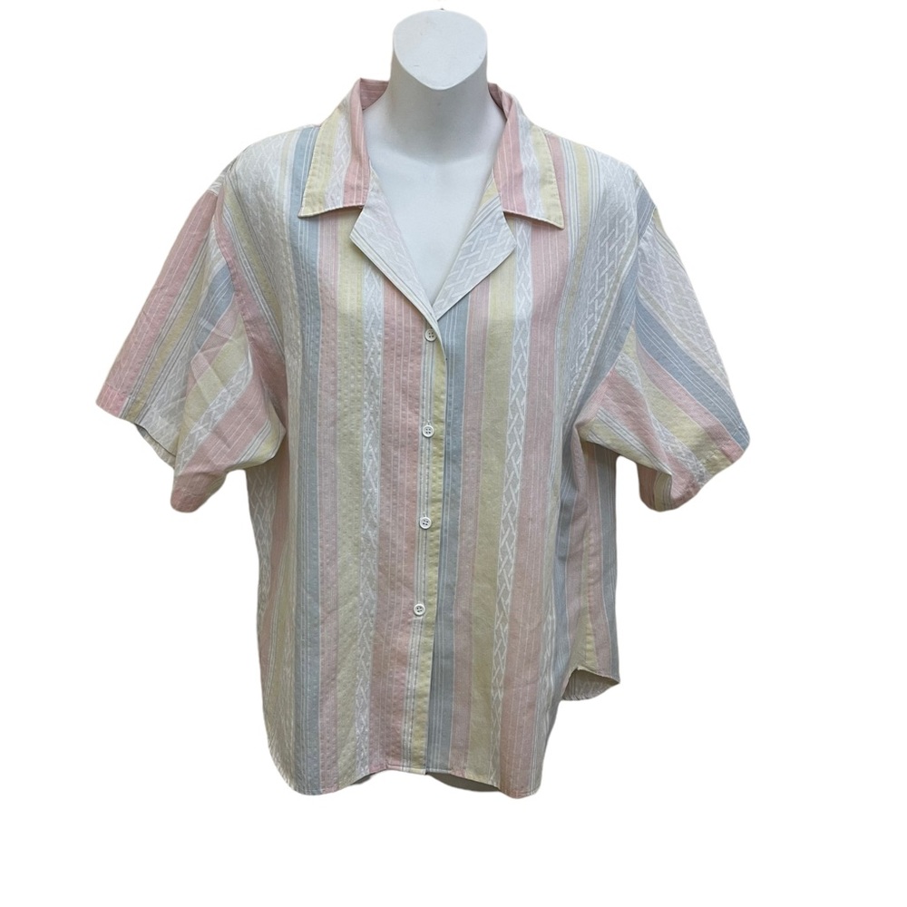 70's Women's Shirt Top Short Sleeve Pastel Striped Color  Button Summer Cotton